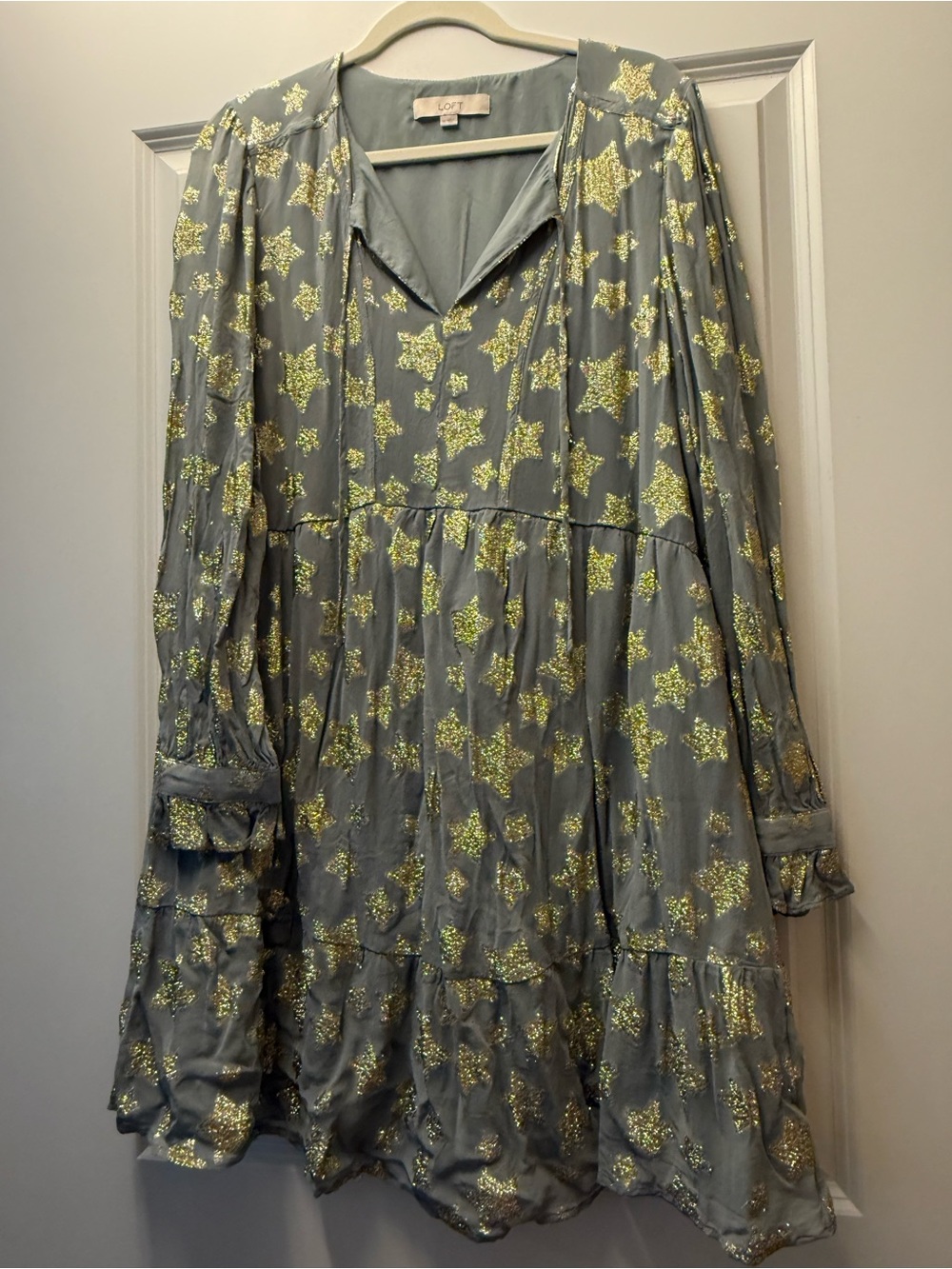 LOFT Metallic Gold Star Gray Tiered Mini Dress